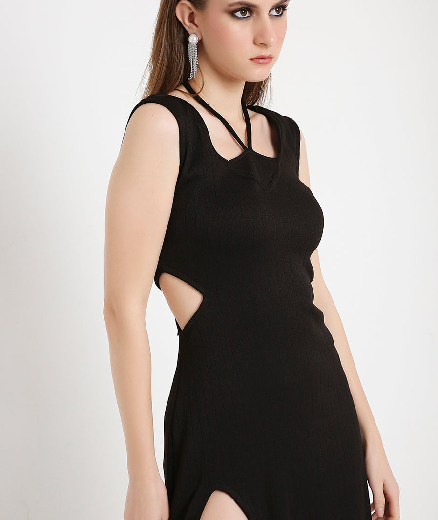 Black Cocktail Long Slit Knit Dress with Side Key Holes